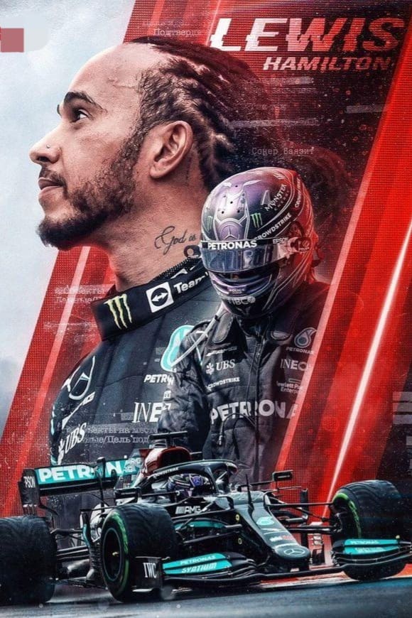 Digital artwork featuring Lewis Hamilton: a large portrait on the left, him in a racing helmet and suit center stage, his name in bold red text, and a Mercedes Formula 1 car below—perfect for display alongside your Malta IPTV sports setup.