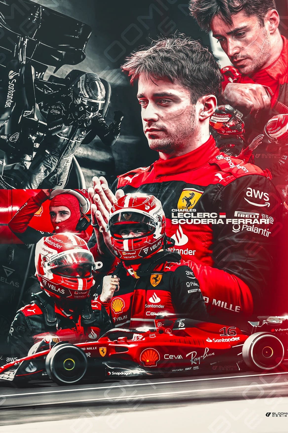 A dynamic collage features Formula 1 driver Charles Leclerc in a red Ferrari suit, with scenes of him racing and interacting with the team, set against a dramatic background—perfect for streaming highlights on Malta IPTV.