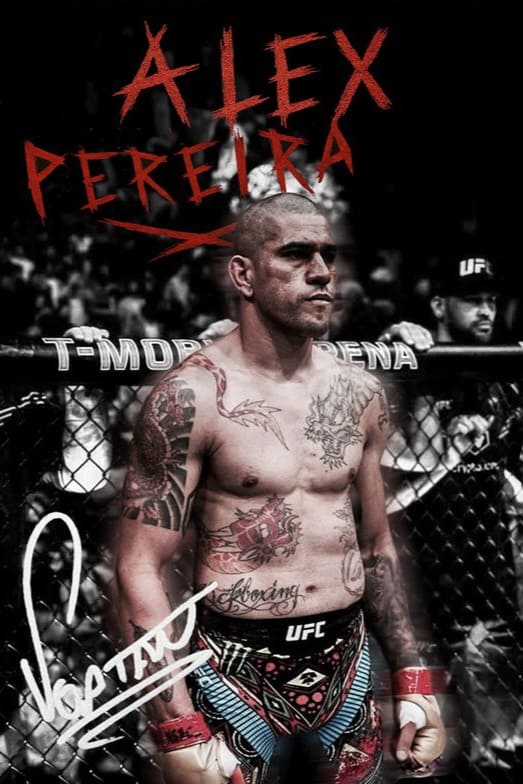 A muscular MMA fighter stands in the octagon with tattoos on his chest and arms, wearing UFC shorts. The words Alex Pereira are written in red above him, with a signature at the bottom left and a subtle Malta IPTV logo in the background.