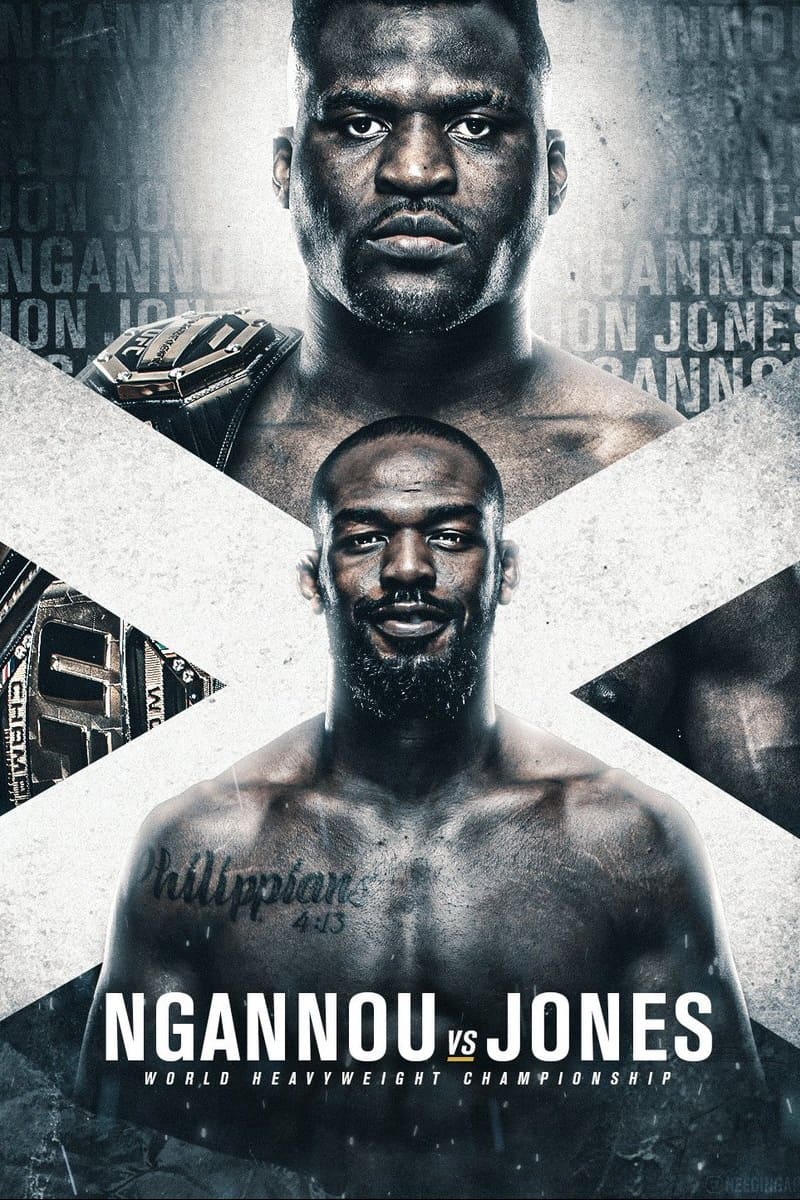 Poster featuring two muscular male fighters, one holding a championship belt. The text reads “Ngannou vs Jones - World Heavyweight Championship.” Stream the action live with Malta IPTV. Both men are shirtless against a dramatic, high-contrast background.
