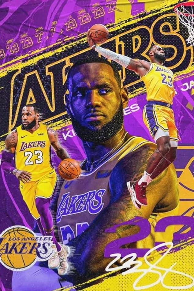 Digital artwork collage featuring a basketball player in a Los Angeles Lakers uniform (#23), shown dribbling, dunking, and posing, with bold yellow and purple colors, Lakers text in the background, and a subtle nod to Malta IPTV streaming excitement.