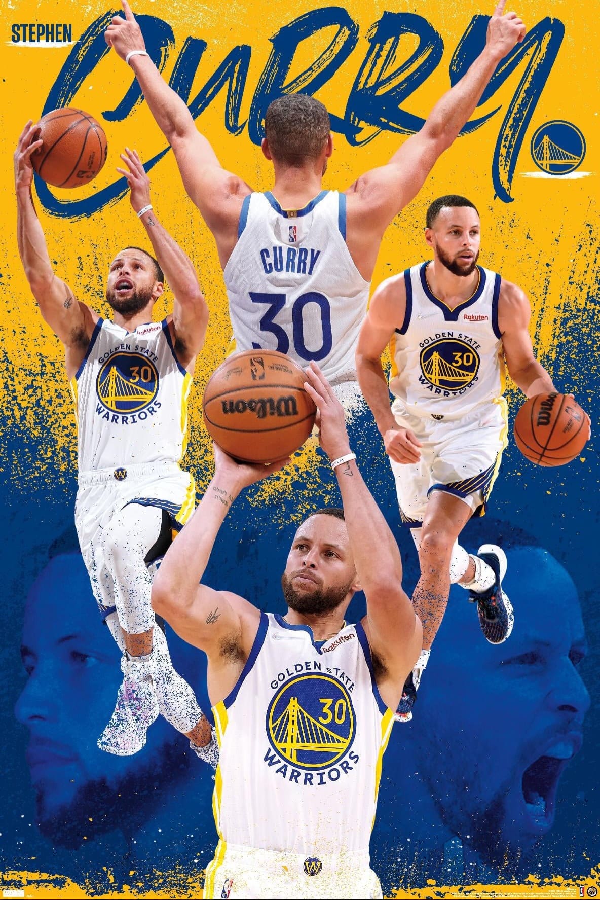 A collage of Stephen Curry in Golden State Warriors jerseys, playing basketball in dynamic action poses against a blue and yellow background, with "Curry" in bold text at the top—perfect for any Malta IPTV sports fan's collection.