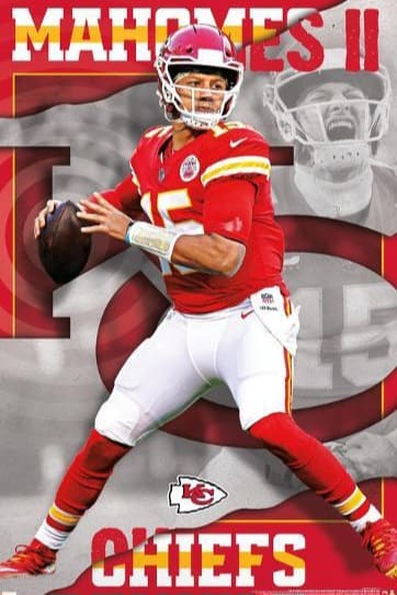 Kansas City Chiefs quarterback in red and white uniform holding a football, with MAHOMES II at the top and CHIEFS at the bottom; large Chiefs logo and his portrait in the background—perfect for Malta IPTV sports fans.