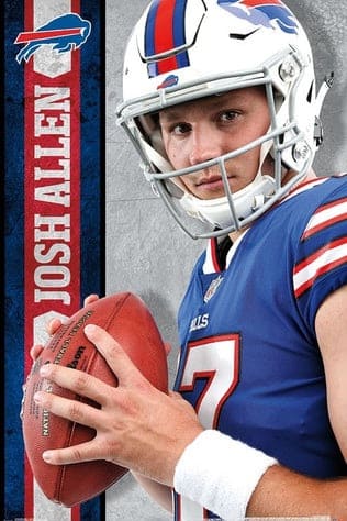 A football player in a blue Buffalo Bills uniform and helmet holds a football, standing next to a vertical banner reading Josh Allen with the Bills logo at the top, perfect for Malta IPTV sports fans.