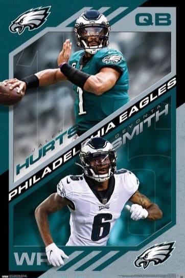 Poster featuring Philadelphia Eagles players: Jalen Hurts (QB, in green jersey throwing a football) and DeVonta Smith (WR, in white jersey running), with Eagles logos and team colors—perfect for Malta IPTV sports streaming fans.