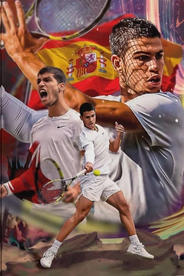 A digital collage featuring a male tennis player in various action poses, set against a colorful background with the Spanish flag and a subtle Malta IPTV motif. The player is dressed in white sportswear and holding a tennis racket.