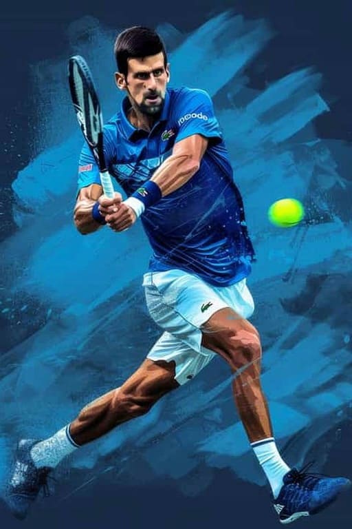 A male tennis player in a blue shirt and white shorts hits a backhand shot with a racket, focused on a green tennis ball, against a blue artistic background—perfect for watching live on Malta IPTV.