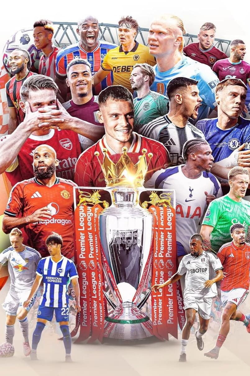 A collage of Premier League football players from various teams surrounds the trophy, with action poses and team kits, capturing the league's excitement and diversity—perfect for Malta IPTV fans to enjoy every thrilling moment.