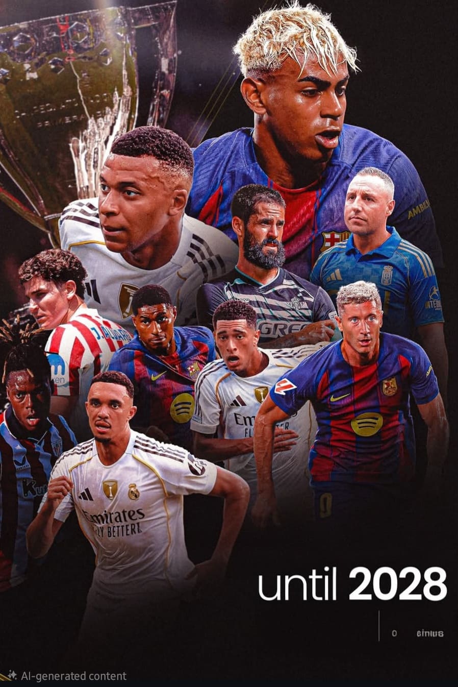 A digitally created collage of several football players in various club jerseys, with a large trophy in the background, highlights “until 2028” at the bottom—perfect for Malta IPTV fans eager to follow the action.