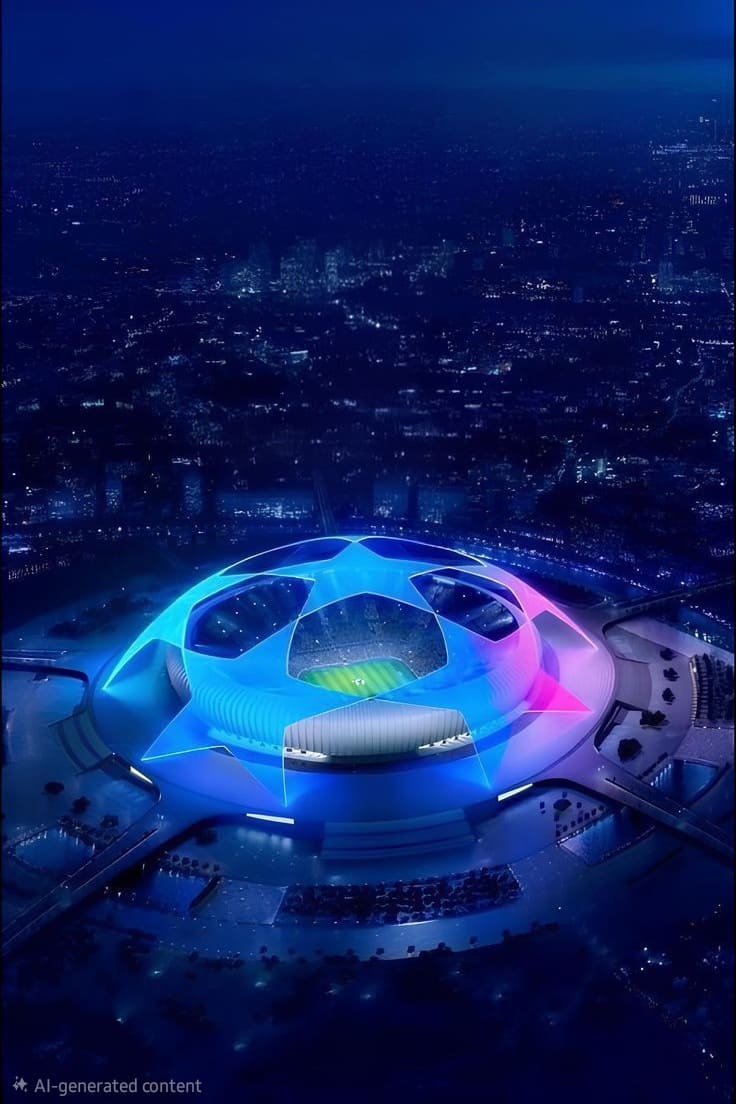 A brightly lit stadium at night is surrounded by city lights, with a glowing blue and pink star-shaped pattern projected over the structure, creating a dramatic and futuristic atmosphere—perfect for Malta IPTV viewers to enjoy live events.