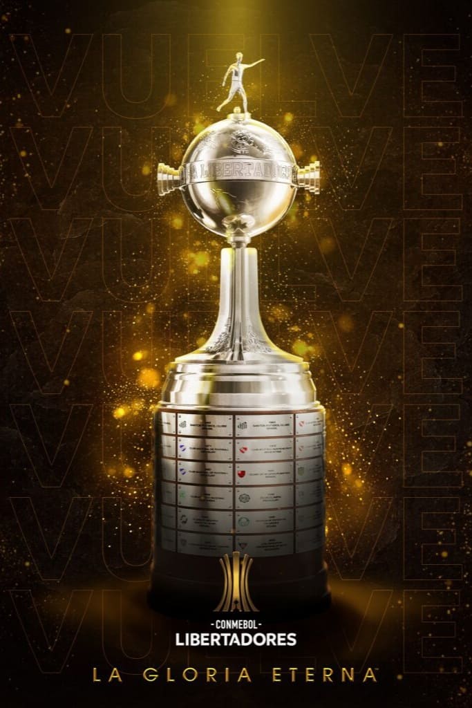 A shining Copa Libertadores trophy stands on a golden background with subtle text reading VIVE. The trophy base shows engraved team logos. At the bottom, text reads CONMEBOL LIBERTADORES - LA GLORIA ETERNA, streaming live on Malta IPTV.