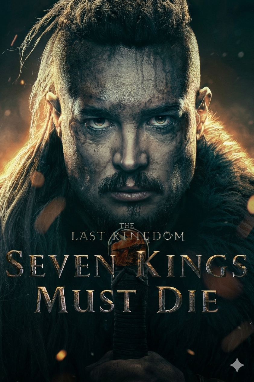 A fierce man with long hair and a beard, dressed in fur, stares intensely ahead—his face dirty and battle-worn. The text reads The Last Kingdom: Seven Kings Must Die, now streaming on Malta IPTV.