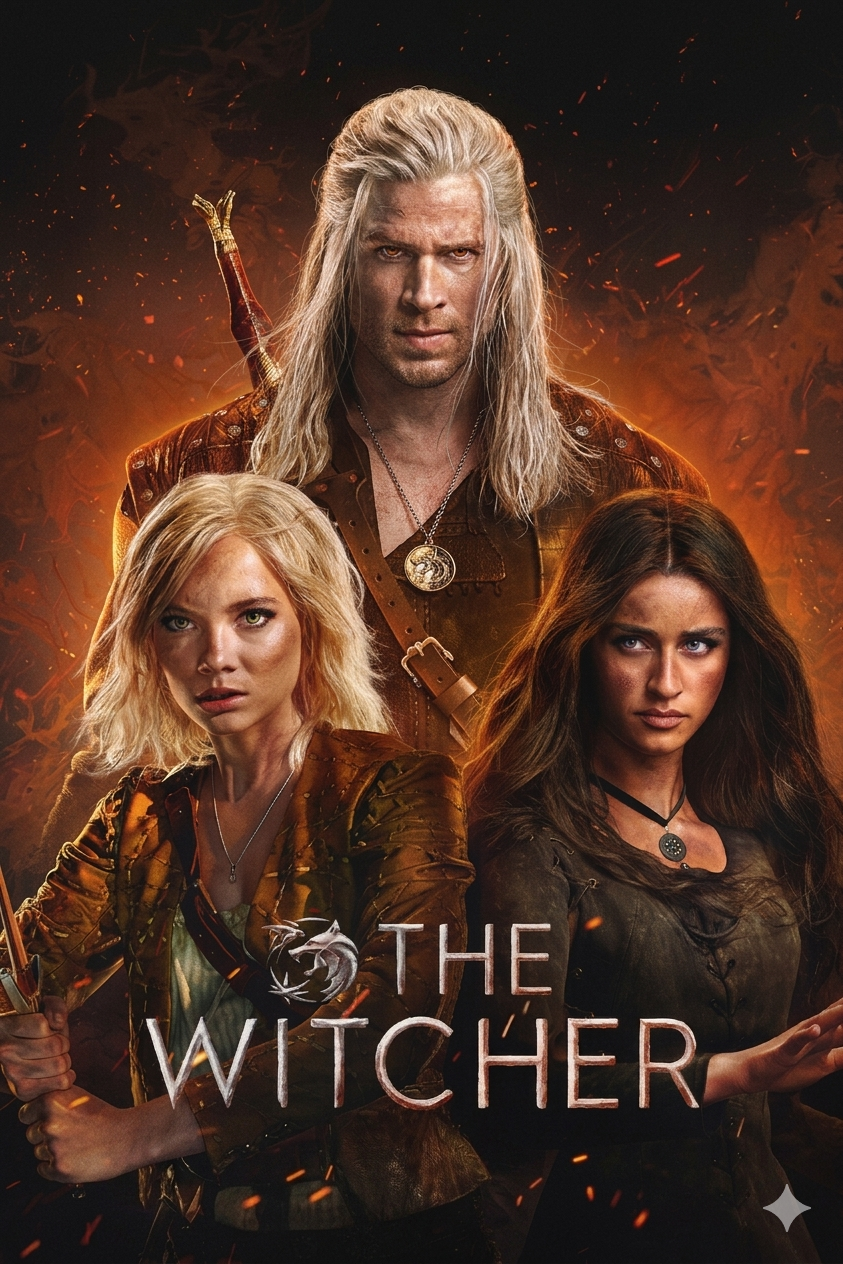 Three characters from The Witcher TV series stand together in dramatic lighting, with a man in the center and two women flanking him, all looking serious. Streaming on Malta IPTV, the show’s title appears at the bottom.
