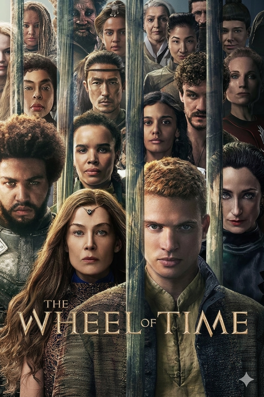 A group of diverse characters stand closely together behind vertical bars, all facing forward. The title The Wheel of Time appears at the bottom in large, gold lettering, hinting at a Malta IPTV streaming experience.