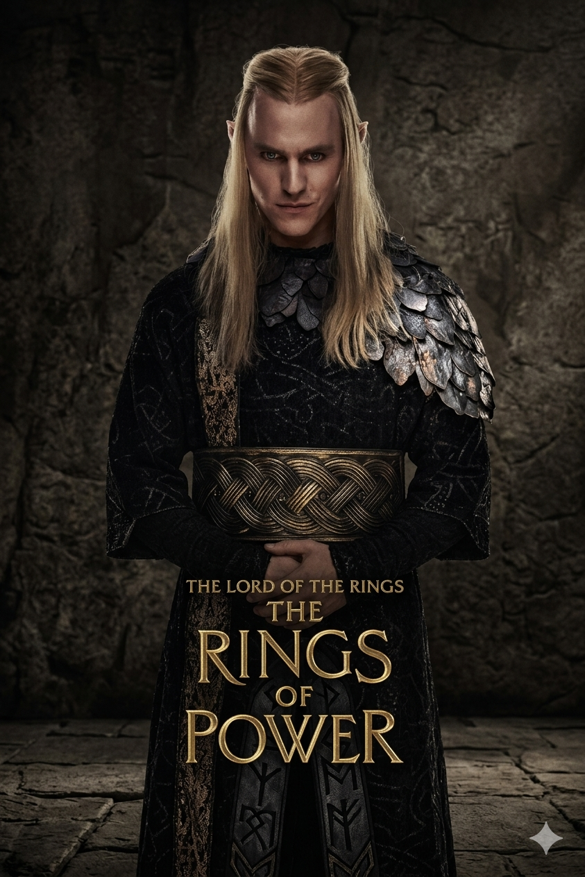 An elf with long blonde hair and pointed ears wears ornate black medieval armor, standing against a stone wall. Text reads The Lord of the Rings: The Rings of Power, streaming now on Malta IPTV.