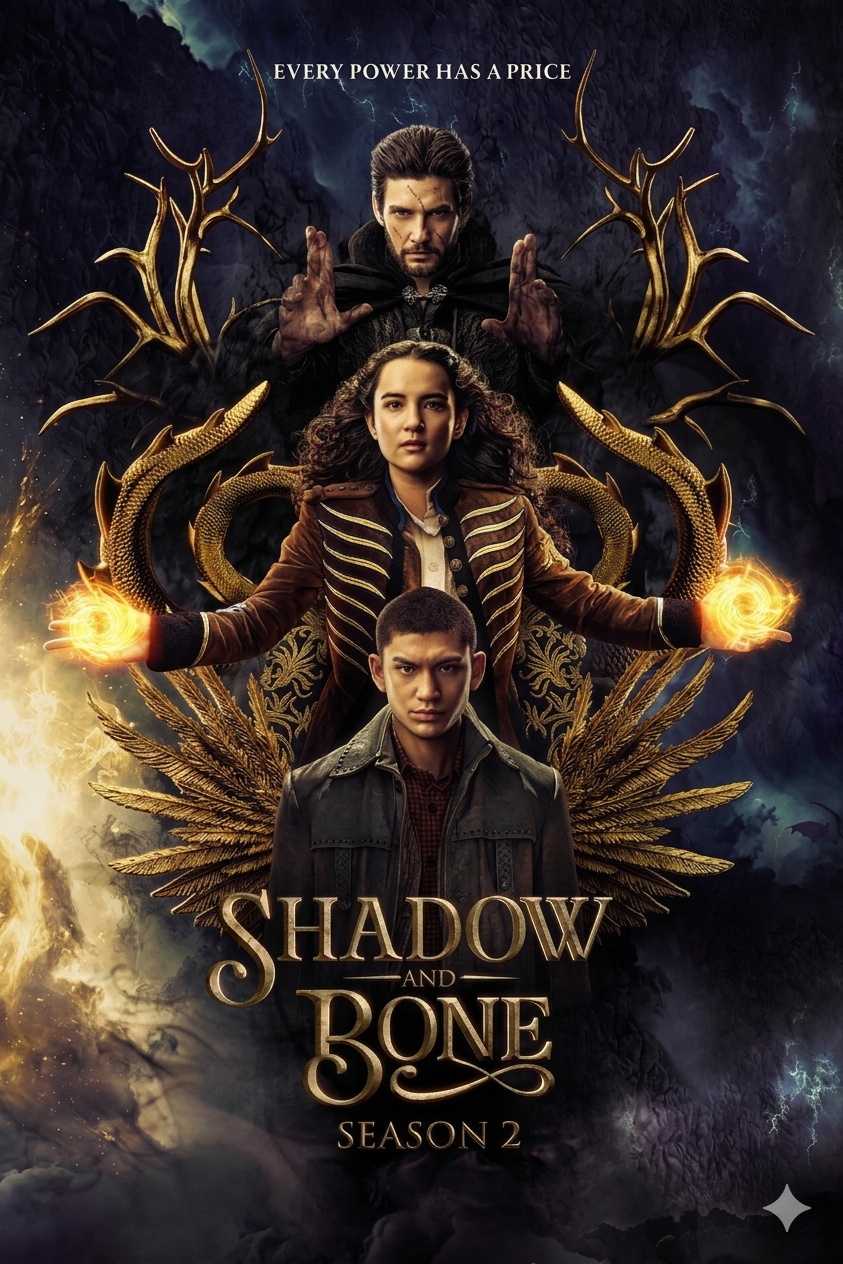 Three characters stand in a dramatic fantasy setting, each with glowing magical energy in their hands. The title Shadow and Bone Season 2 appears below. Stream it now on Malta IPTV—a dark background swirls with clouds and golden accents.