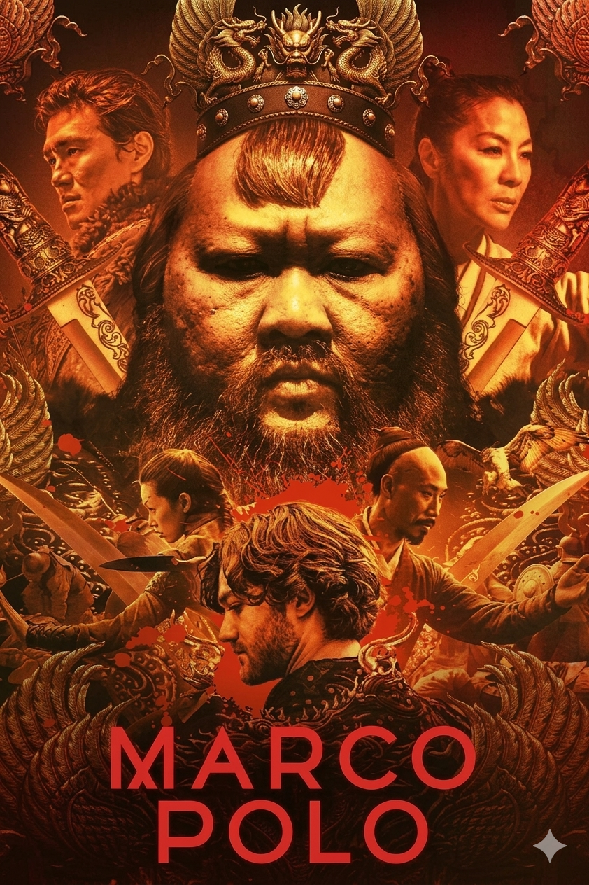 A dramatic poster for the TV series Marco Polo, streaming on Malta IPTV, features a central figure in a crown, surrounded by characters with swords, intricate gold designs, and a fiery red background. The title Marco Polo appears boldly at the bottom.