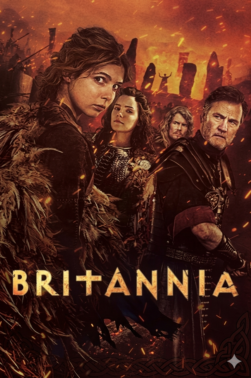 Four characters in ancient attire stand before a fiery, war-torn landscape with stone structures. The word Britannia is boldly displayed at the bottom, evoking an epic scene fit for a Malta IPTV historical drama.