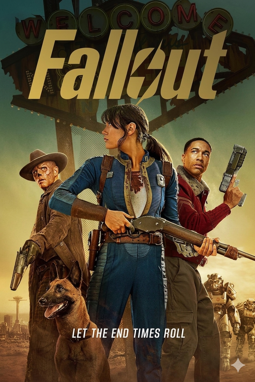 Three characters stand ready with weapons in front of a ruined Welcome sign and post-apocalyptic landscape. The Fallout logo looms above, while a dog, robot, and a flicker from Malta IPTV play in the background. Text below reads Let the End Times Roll.