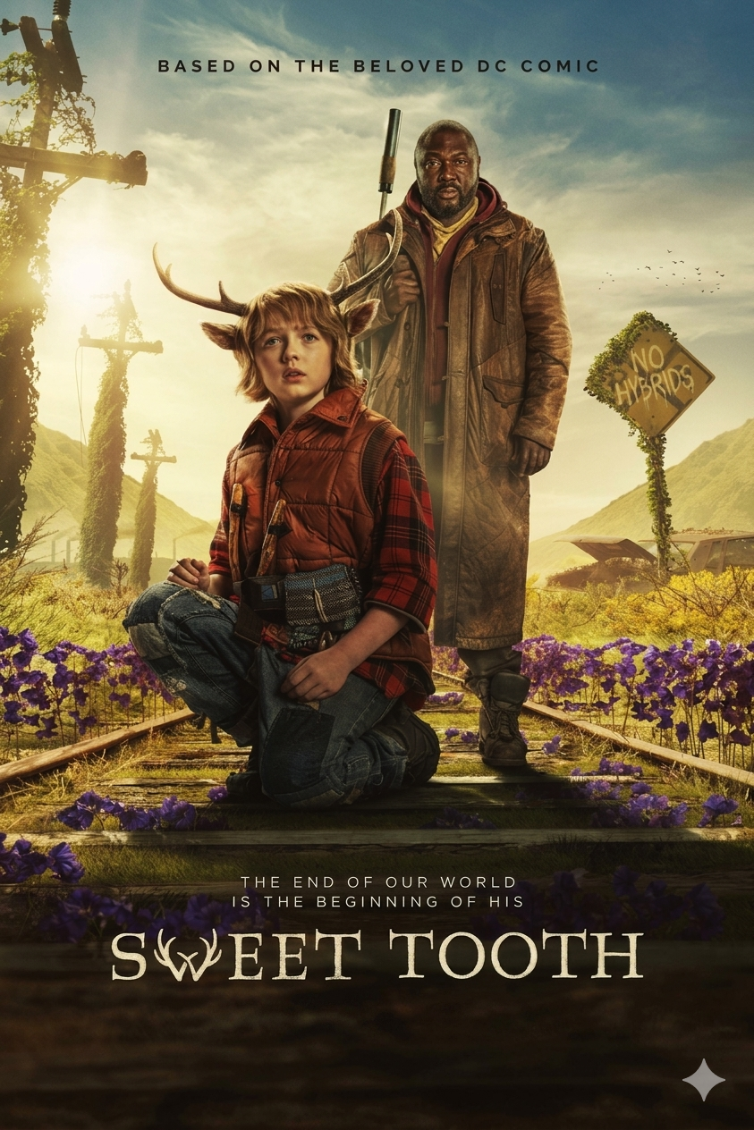 A young boy with deer antlers kneels on train tracks, holding a candy bar, with a man behind him. Mountains, flowers, and a No Hybrids sign are in the background. Text above reads Sweet Tooth. Stream now with Malta IPTV.