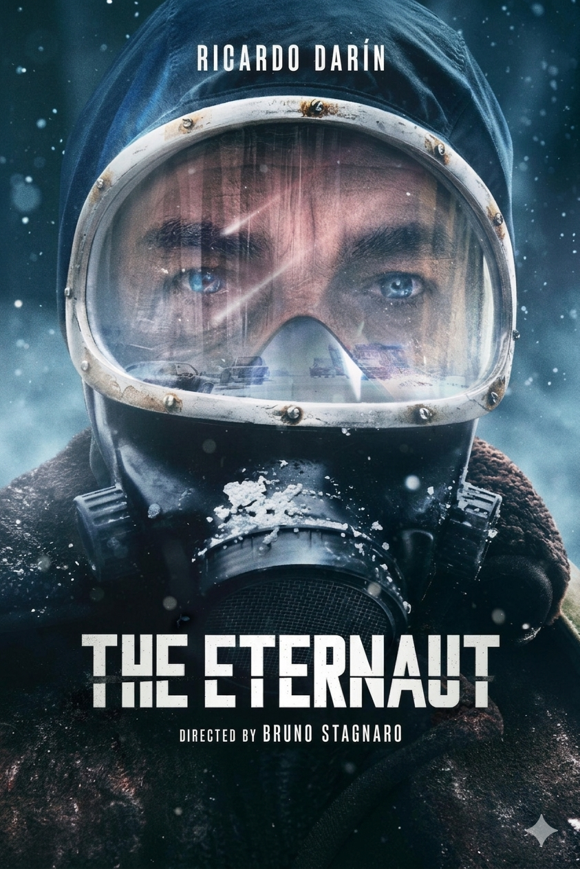 A man wearing a fogged-up protective mask and hood stares ahead amid falling snow, evoking suspense. The text reads Ricardo Darín at the top and The Eternaut, directed by Bruno Stagnaro, streaming soon on Malta IPTV.