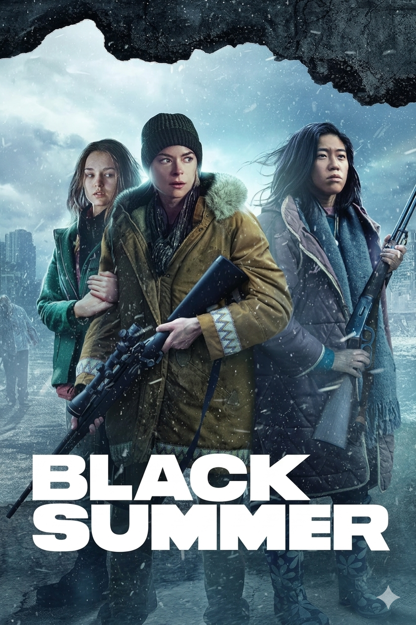 Three women in winter clothes stand in a snowy, post-apocalyptic city holding guns, looking serious. Above them is a cracked, darkened sky. The text BLACK SUMMER and a subtle Malta IPTV logo appear at the bottom of the image.