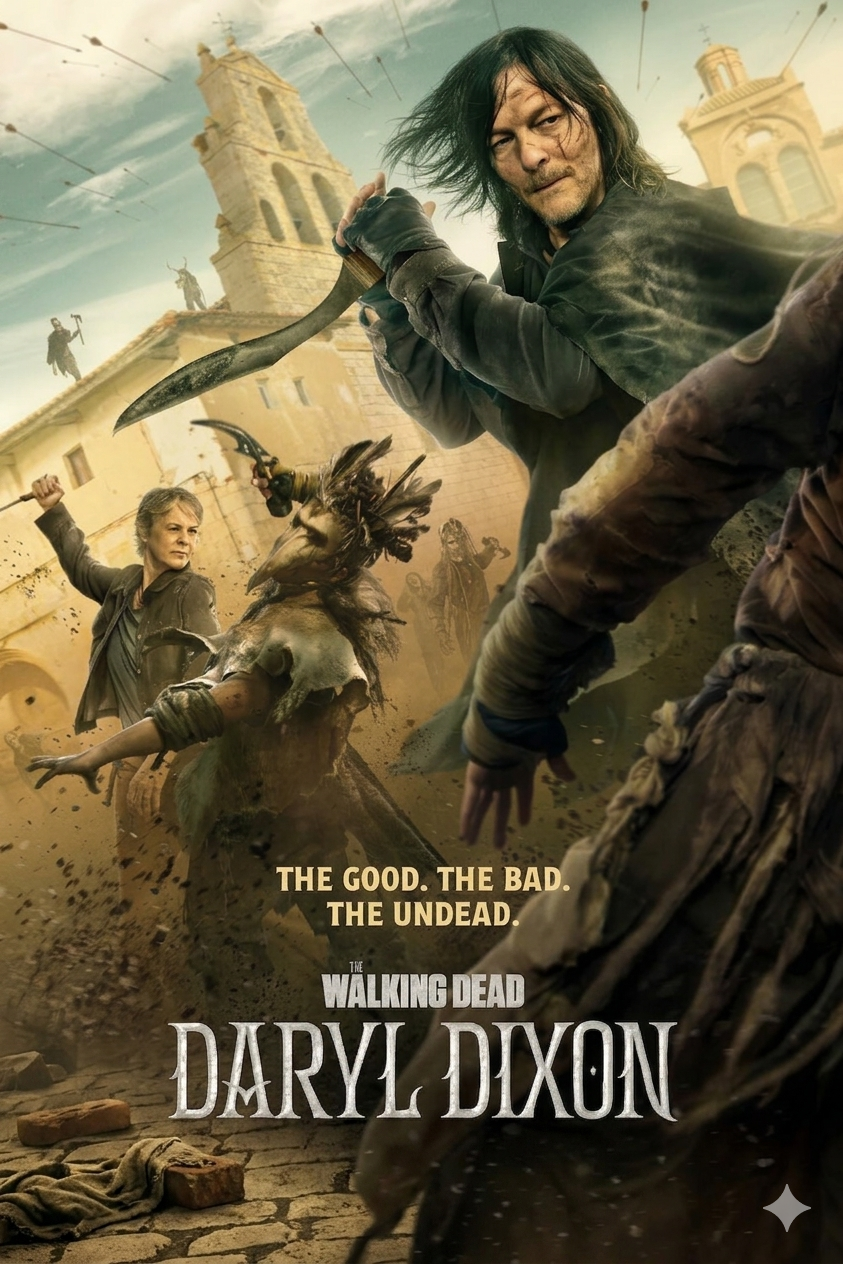 Poster for The Walking Dead: Daryl Dixon shows Daryl wielding a knife, fighting off attacking zombies in a town square. Streaming on Malta IPTV, the tagline reads The Good. The Bad. The Undead. Buildings and a cloudy sky are in the background.