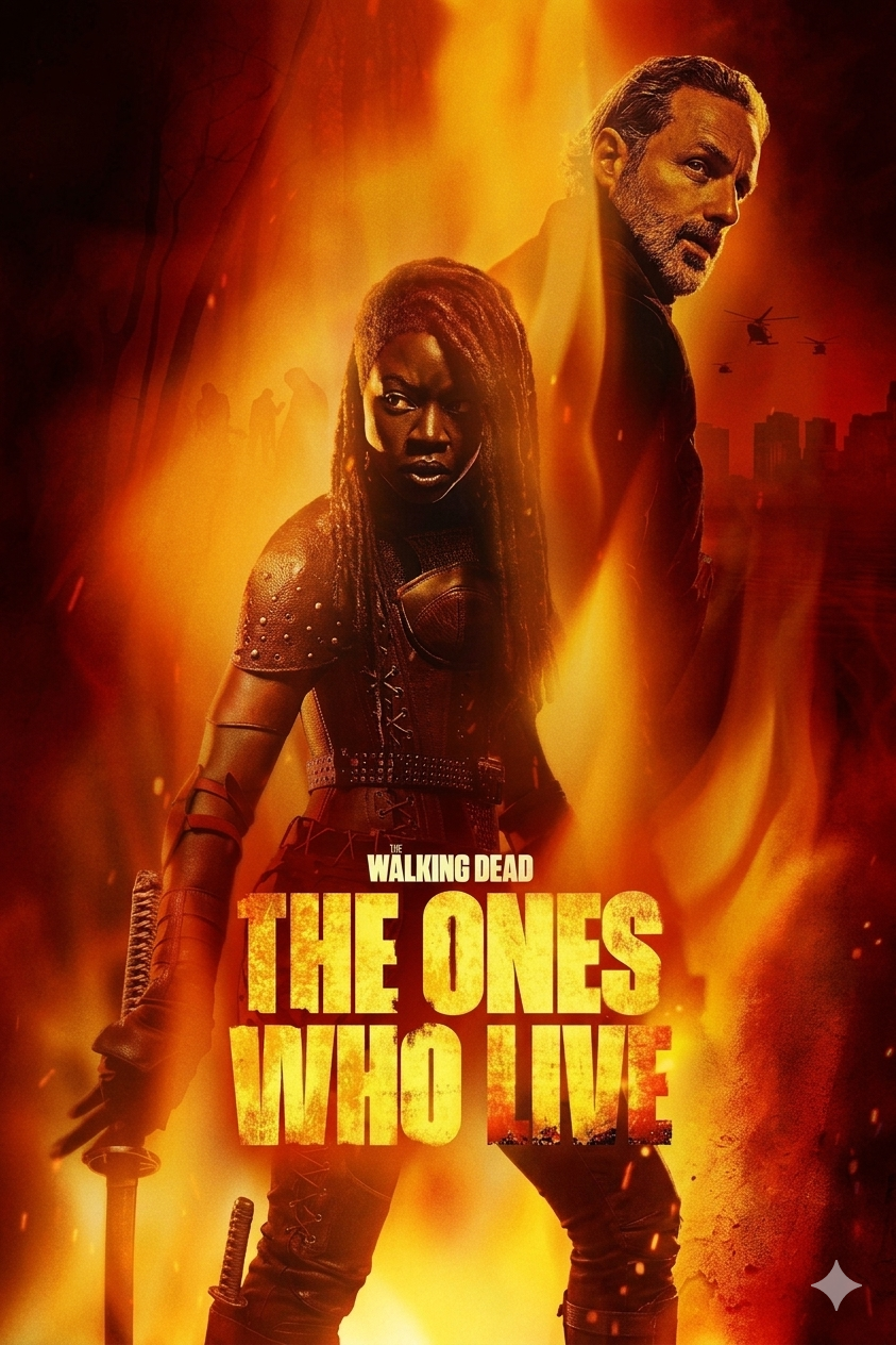 Two characters stand back-to-back in front of a fiery background with burning city ruins, helicopters, and smoke. The words The Ones Who Live and Walking Dead appear in bold yellow letters at the bottom, streaming now on Malta IPTV.