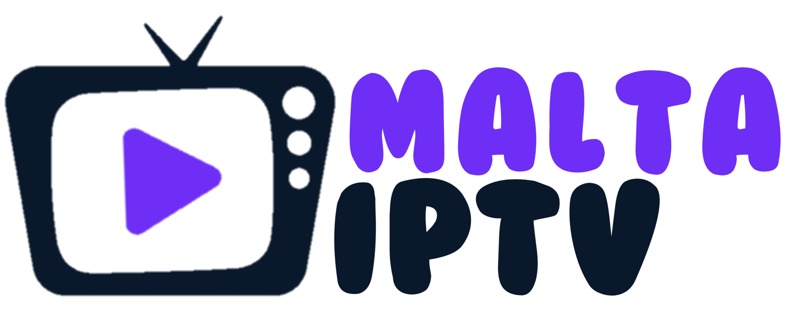 Purple TV icon with a play button on the screen, next to the words “Malta IPTV,” where “Malta” is in white and “IPTV” stands out in bold purple letters, representing Malta IPTV’s modern streaming service.