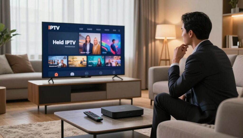 A modern living room setting showcasing a sleek television displaying high-definition IPTV content. In the foreground, a stylish coffee table with a digital streaming box and an elegant remote control lies on a soft rug. The middle area features a comfortable sofa with plush cushions, where a professional individual in business attire thoughtfully interacts with the IPTV setup, showcasing engagement and trust. The background reveals a well-decorated room with ambient lighting, including strategically placed lamps that create a warm, inviting atmosphere. Natural light streams in through a large window, adding a glow to the scene. Capture a sense of security and reliability, highlighting the advanced technology and user-friendly experience of premium IPTV services. The overall mood is sophisticated and tech-savvy, with a focus on quality and comfort.