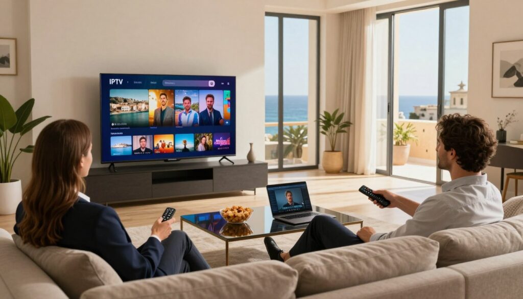 A modern living room with a sleek smart TV displaying vibrant IPTV content, set in a stylish Maltese apartment. In the foreground, a couple in professional attire sits comfortably on a contemporary sofa, engrossed in their show, with remote controls in hand. The middle ground features a polished coffee table with a bowl of snacks and a laptop, suggesting seamless integration of devices. The background showcases large windows with a view of the Malta coastline, letting in warm natural light that bathes the scene in a cozy atmosphere. The room is filled with hints of Maltese decor, accentuating the local flavor. The overall mood is relaxed and engaging, emphasizing a high-quality IPTV experience in a beautiful setting.