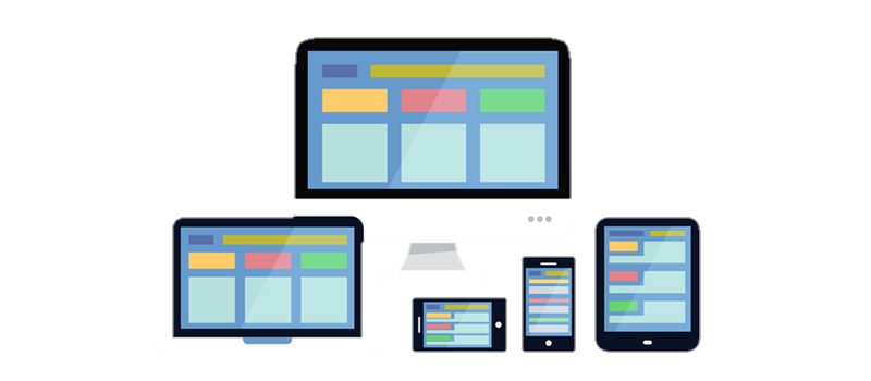 Illustration of a desktop computer, laptop, tablet, and two smartphones displaying similar colorful website layouts, representing Malta IPTV’s responsive web design across multiple devices.