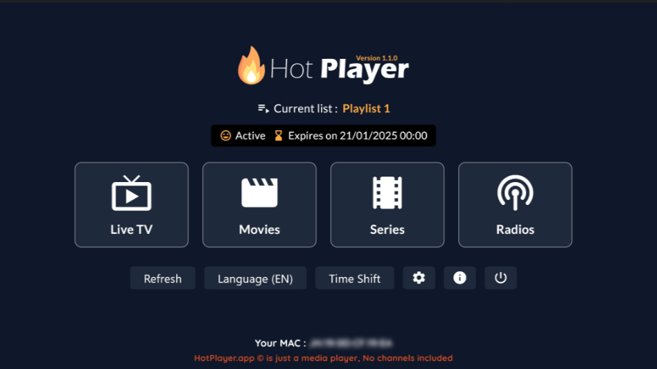 A dark-themed Malta IPTV streaming app interface displays options for Live TV, Movies, Series, and Radios. A banner shows the current playlist as active and expiring on 21/01/2025. Menu buttons for refresh, language, and time shift are below.