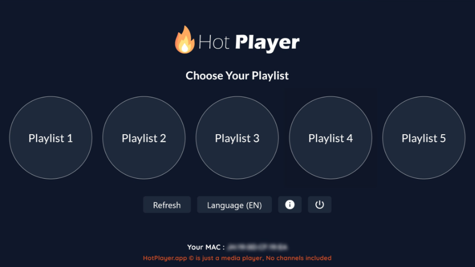 A dark-themed media player interface labeled Hot Player with five circular buttons for Playlist 1 to Playlist 5, plus refresh, language, and power options below. Ideal for Malta IPTV users. The text notes no channels are included.