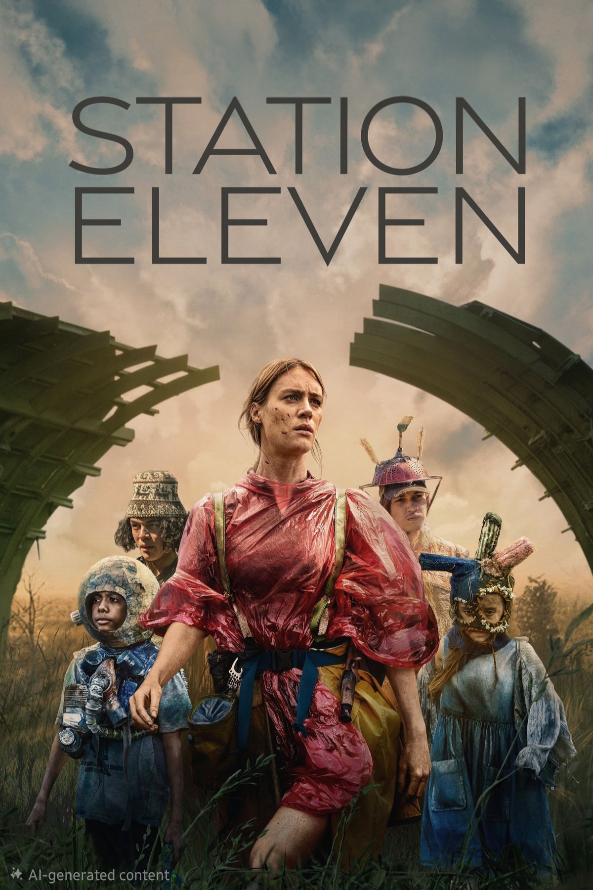 Four people in colorful, makeshift costumes stand in tall grass beneath a dramatic sky, framed by two large, curved metal structures. The words STATION ELEVEN appear above them—experience it now on Malta IPTV.